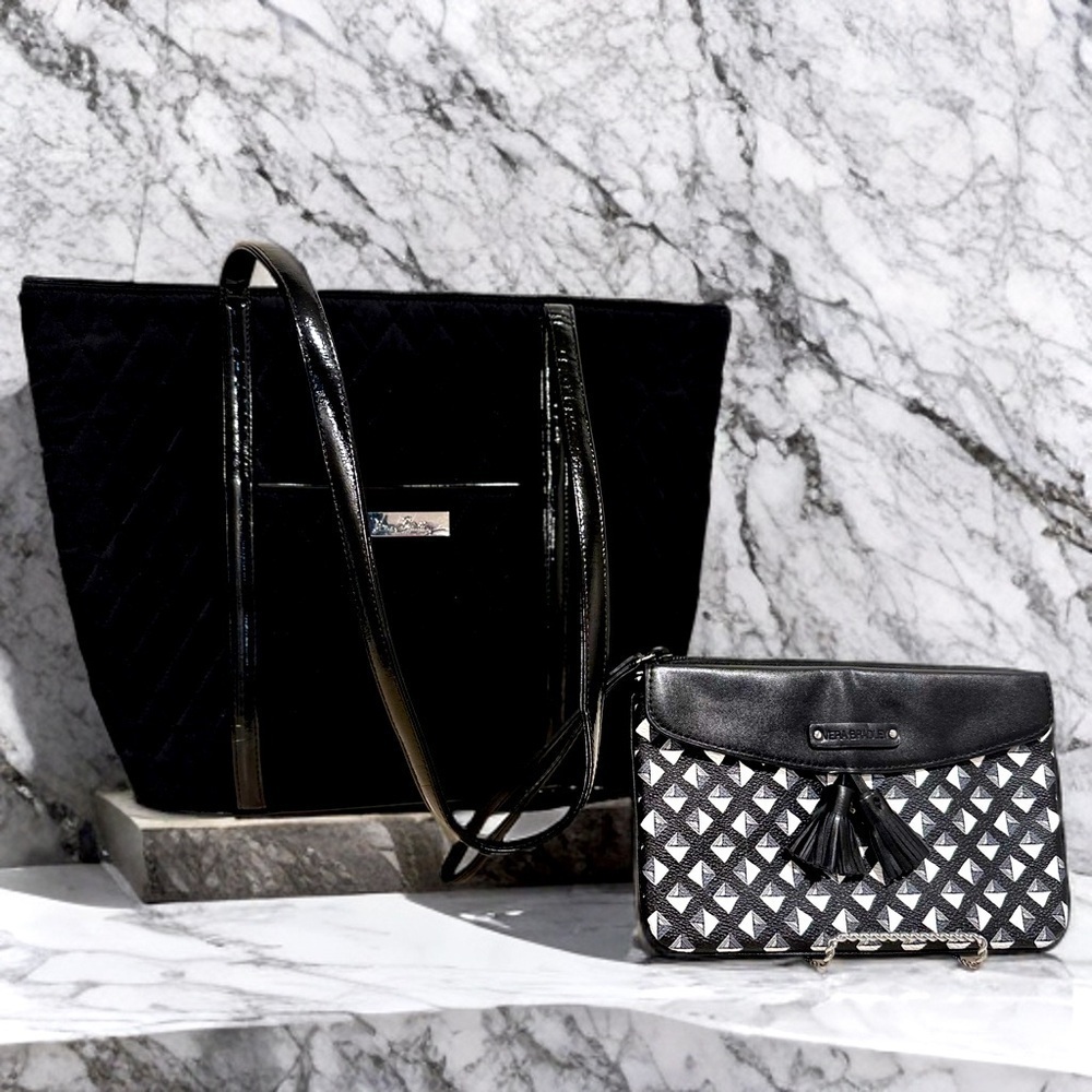 Vera Bradley Black Trimmed Tote and Tassel Studs Wristlet in Black & White Set
